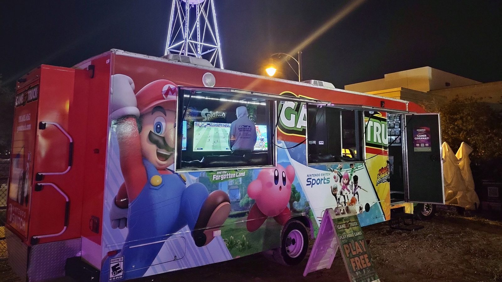 Mobile entertainment unit powered by a custom lithium battery system at night in Gilbert, Arizona
